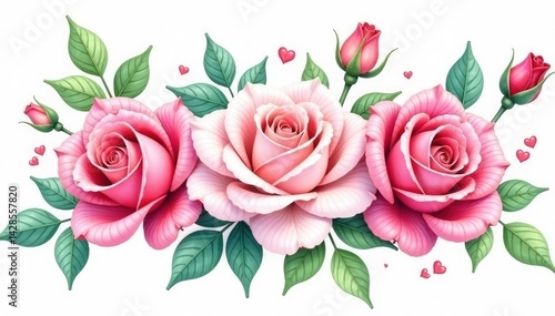 Delicate watercolor roses, intertwined leaves & buds, botanical pattern, design, shabby chic