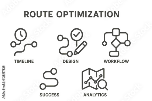 Icons illustrating route optimization concepts including timeline, design, workflow, success, and analytics in a minimalist line style