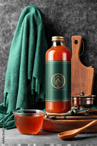 Obraz na płótnie Glass bottle with herbal tea and wooden kitchen utensils on table w salonie