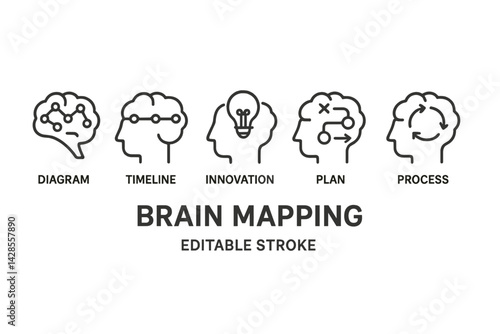 Brain mapping icons illustrating the concepts of diagram, timeline, innovation, plan, and process in an engaging line style design