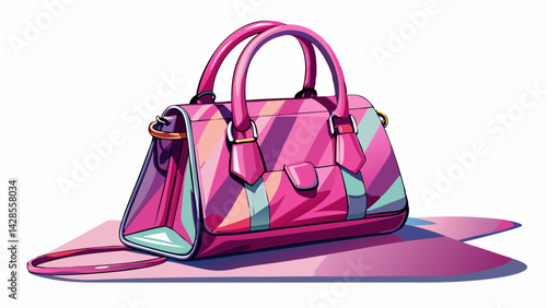 Very beautiful Pink handbag casting colorful shadow on purple background