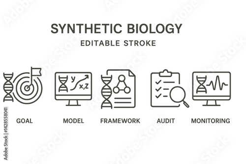 Icons representing essential aspects of synthetic biology in a minimalistic inline design for educational or professional use