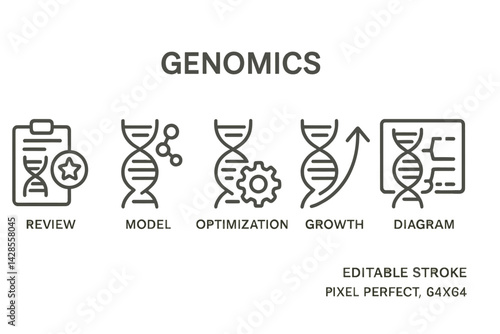 Stylized line icons representing key concepts in genomics including review, model, optimization, growth, and diagram