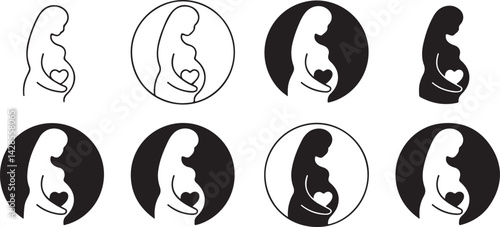 Eight Variations of Pregnant Woman Silhouette with Heart