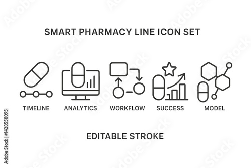 Line style icons representing smart pharmacy concepts for use in digital applications and presentations