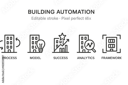 Icons representing concepts of building automation including process, model, success, analytics, and framework in a minimalist style