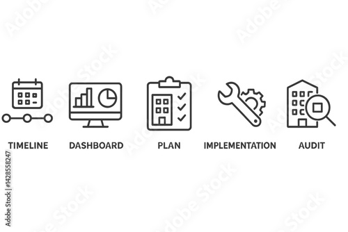 Set of line style icons representing timeline, dashboard, plan, implementation, and audit for project management concepts