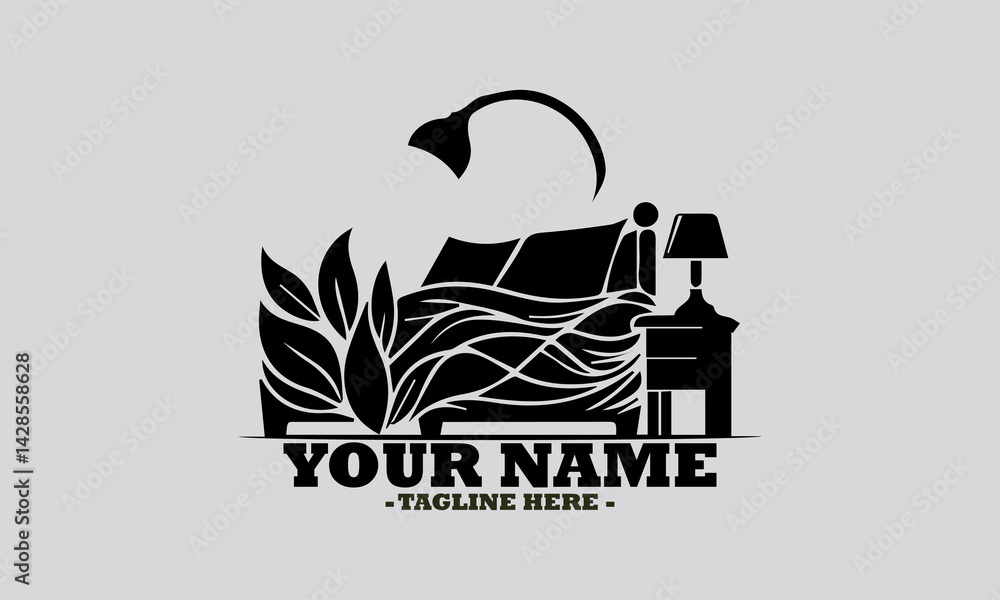Simple monochromatic silhouette illustration of a comfortable bed with soft pillows and a lamp on a bedside table. Bedroom concept, bedroom logo design illustration and bedroom vector design Simple monochromatic silhouette illustration of a comfortable bed with soft pillows and a lamp on a bedside table. Bedroom concept, bedroom logo design illustration and bedroom vector design
