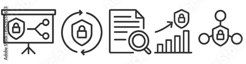 Set of line style icons representing data security practices including sharing, monitoring, and analysis