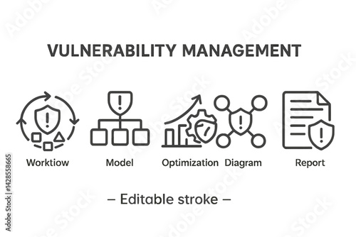 Visual icons depict vulnerability management concepts, showing workflow, models, optimization, diagrams, and report elements