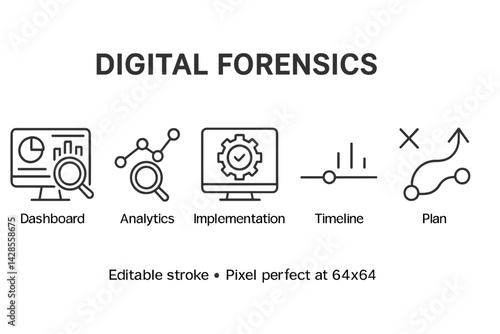 Digital forensics icons featuring dashboard, analytics, implementation, timeline, and planning in line style
