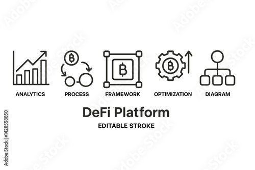 Line style icons representing analytics, process, framework, optimization, and diagram for a DeFi platform in a modern design