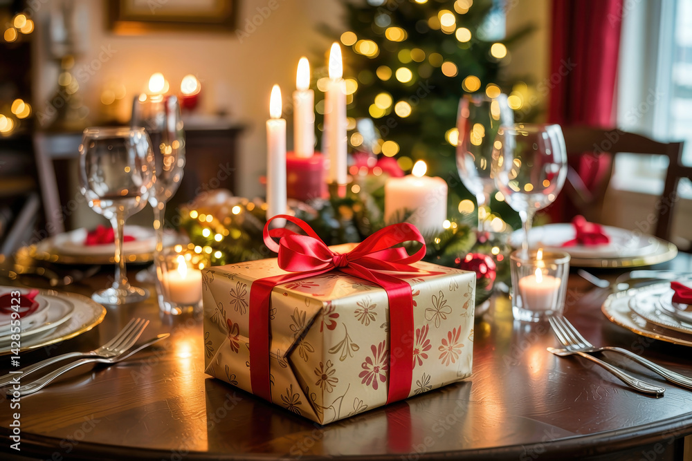 Christmas Table with Gift and Candles Christmas Table with Gift and Candles