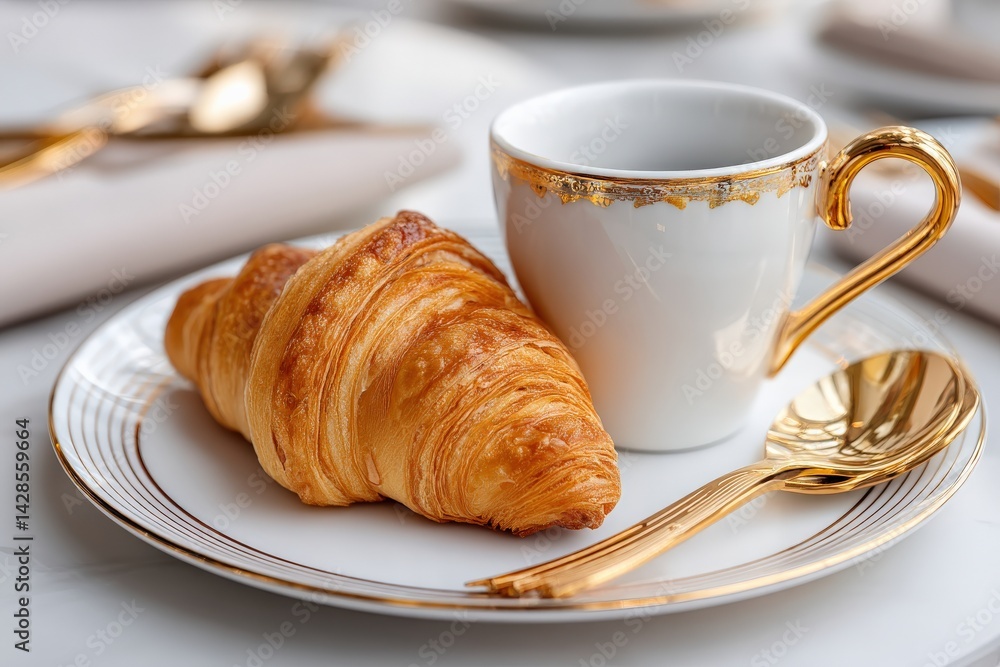 Golden Cup and Croissant on Elegant Plate with Golden Spoon