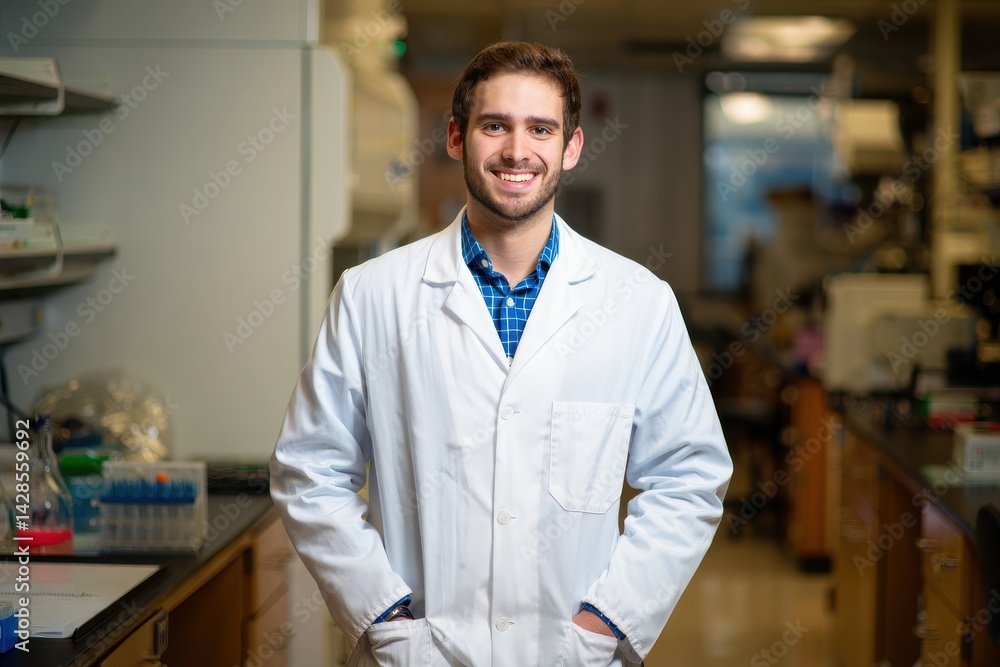 Portrait of smiling young male biochemist standing with hands in pockets at laboratory