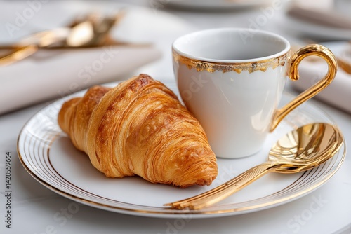 Obraz na płótnie Golden Cup and Croissant on Elegant Plate with Golden Spoon w salonie