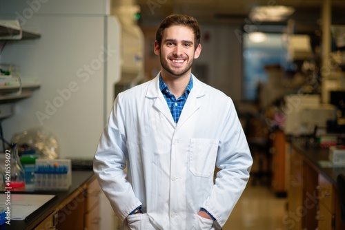 Portrait of smiling young male biochemist standing with hands in pockets at laboratory