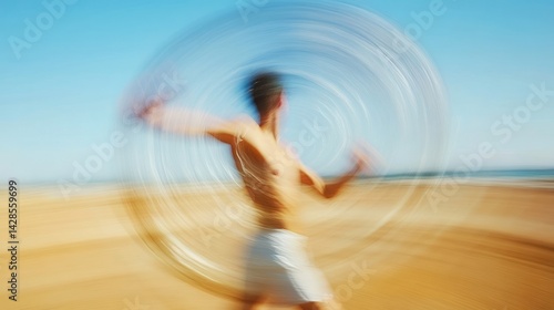 Blurred Motion of a Man Playing with a Hula Hoop on a Beach
