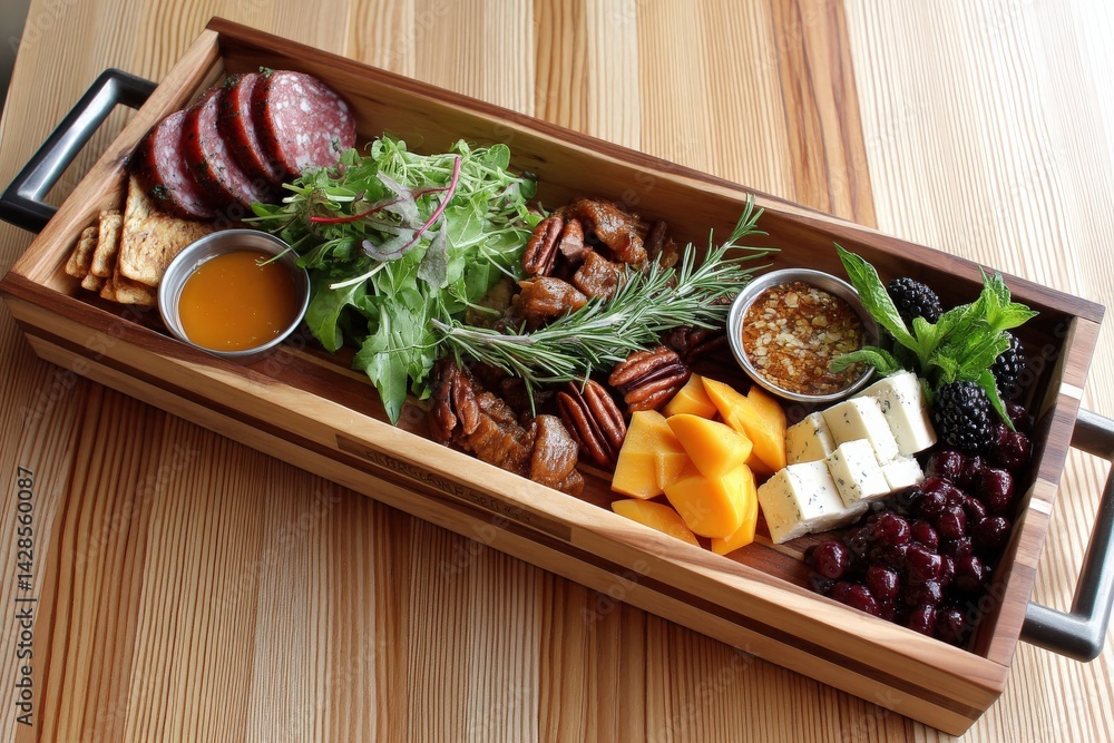Gourmet Charcuterie Board with Meats, Cheeses, Fruits, Nuts, and Greens