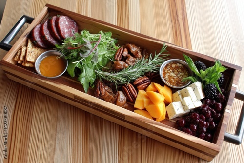 Obraz na płótnie Gourmet Charcuterie Board with Meats, Cheeses, Fruits, Nuts, and Greens w salonie
