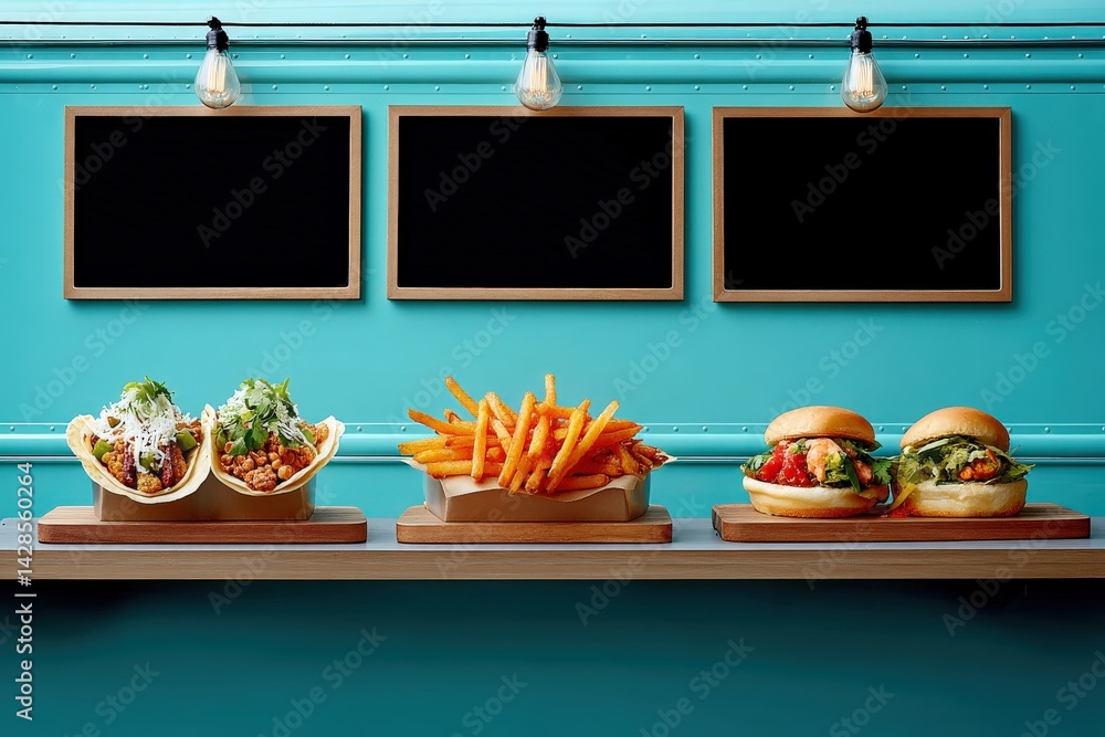 Gourmet Fast Food Display with Tacos, Sweet Potatoes, and Burgers