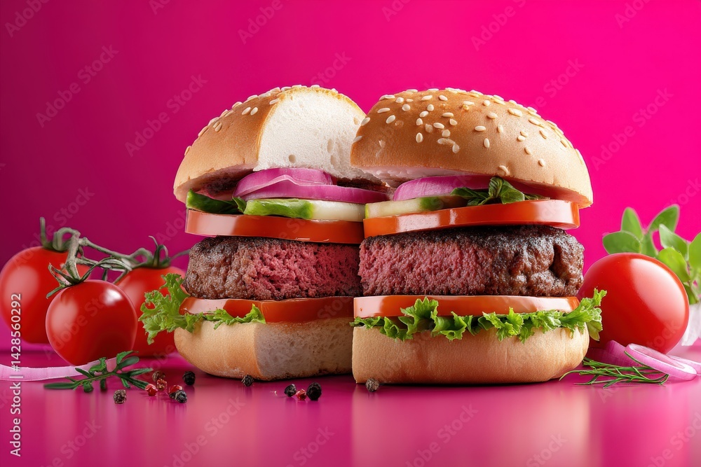 Gourmet Hamburger Stack with Fresh Vegetables on Bright Pink Background