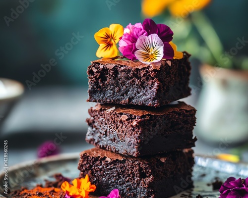Gluten free Delicious chocolate brownies with edible flowers.