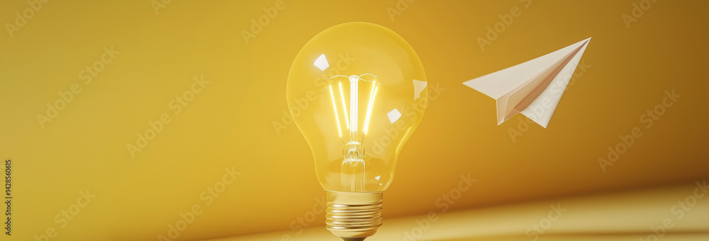 Yellow light bulb and paper plane, Success in business growth