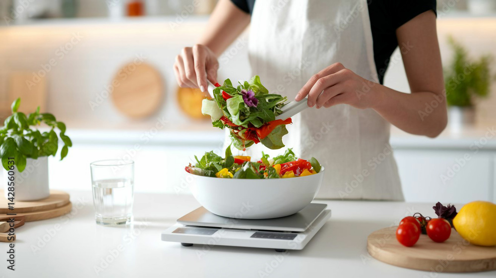 A Person Preparing a Fresh Salad in a Modern Kitchen Setting, Using a White Bowl on a Scale Surrounded by Ingredients A Person Preparing a Fresh Salad in a Modern Kitchen Setting, Using a White Bowl on a Scale Surrounded by Ingredients