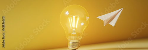 Yellow light bulb and paper plane, Success in business growth