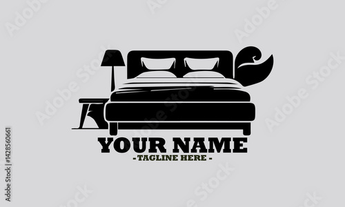 Simple monochromatic silhouette illustration of a comfortable bed with soft pillows and a lamp on a bedside table. Bedroom concept, bedroom logo design illustration and bedroom vector design