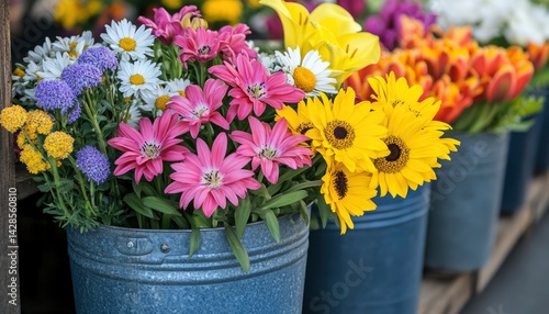 Wallpaper Mural A vibrant display of assorted flowers in metal buckets at a market. Torontodigital.ca