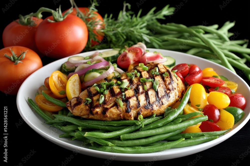 Grilled Chicken Breast with Fresh Vegetables on a White Plate