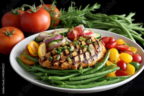 Obraz na płótnie Grilled Chicken Breast with Fresh Vegetables on a White Plate w salonie