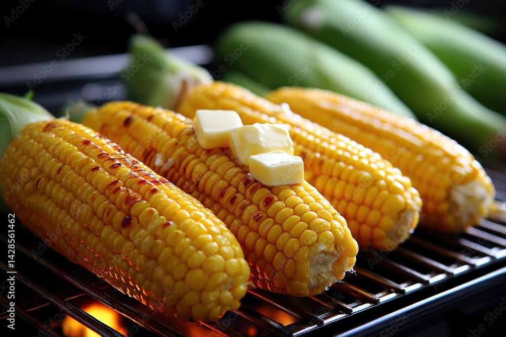 Grilled Corn on Cob with Butter and Fresh Green Corn in Background