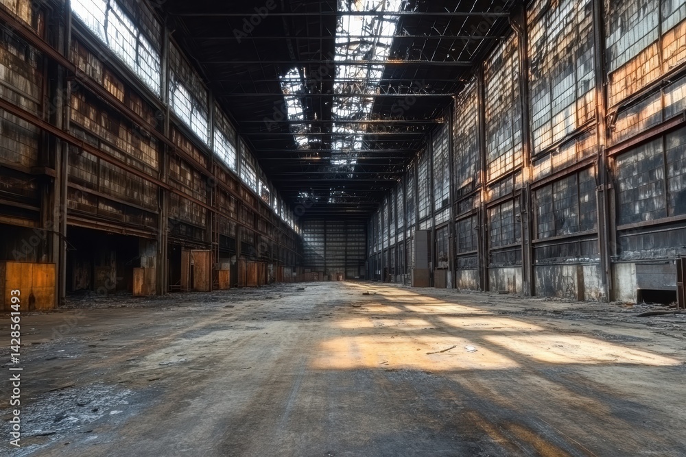 Exploring an abandoned industrial warehouse with sunlight illuminating the interior space Exploring an abandoned industrial warehouse with sunlight illuminating the interior space