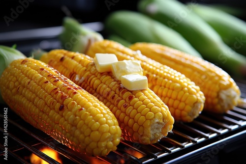 Obraz na płótnie Grilled Corn on Cob with Butter and Fresh Green Corn in Background w salonie