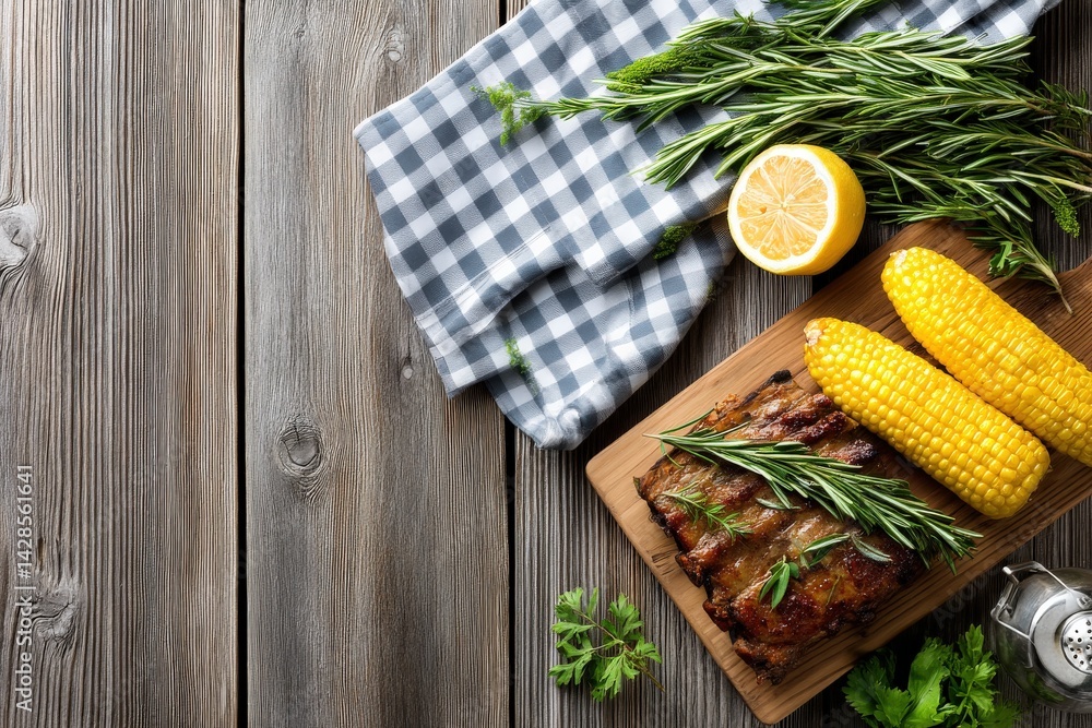Grilled Meat Dish with Fresh Herbs and Corn on Rustic Table