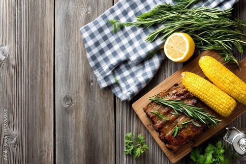 Obraz na płótnie Grilled Meat Dish with Fresh Herbs and Corn on Rustic Table w salonie