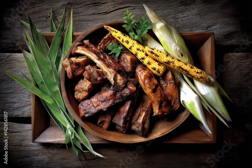Obraz na płótnie Grilled Meat with Charred Corn and Fresh Greens on Wooden Plate w salonie