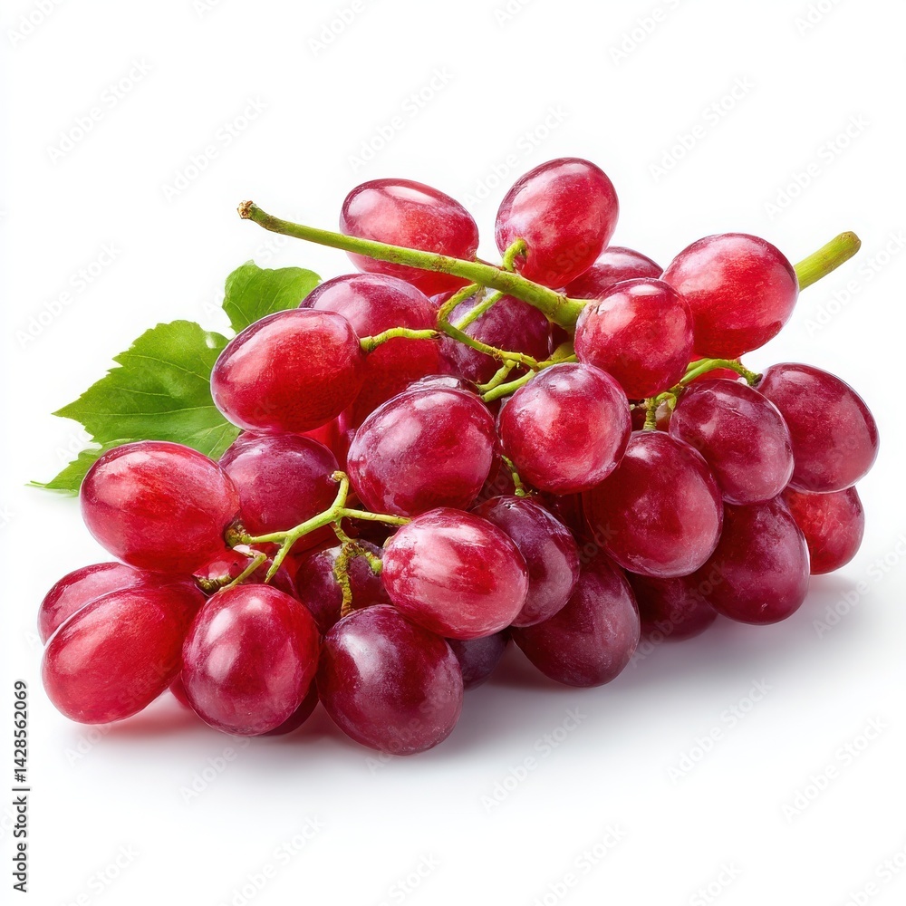 Cluster of fresh red grapes with green leaves isoleted on white background Cluster of fresh red grapes with green leaves isoleted on white background