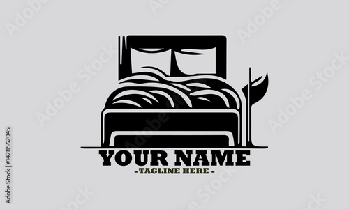 Simple monochromatic silhouette illustration of a comfortable bed with soft pillows and a lamp on a bedside table. Bedroom concept, bedroom logo design illustration and bedroom vector design