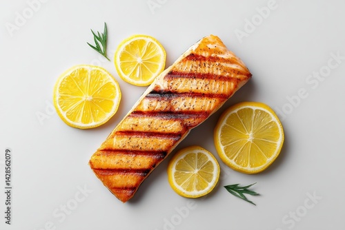 Obraz na płótnie Grilled Salmon Fillet with Lemon Slices on a Light Background w salonie