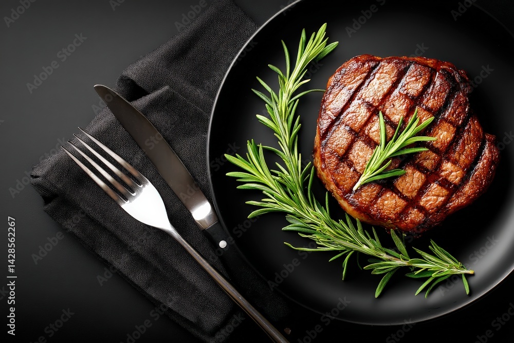 Grilled Steak on Black Plate with Fresh Rosemary Garnish