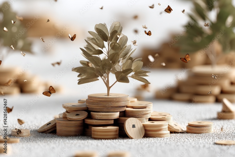 Growing Tree on Stack of Coins with Butterflies in Enchanted Setting