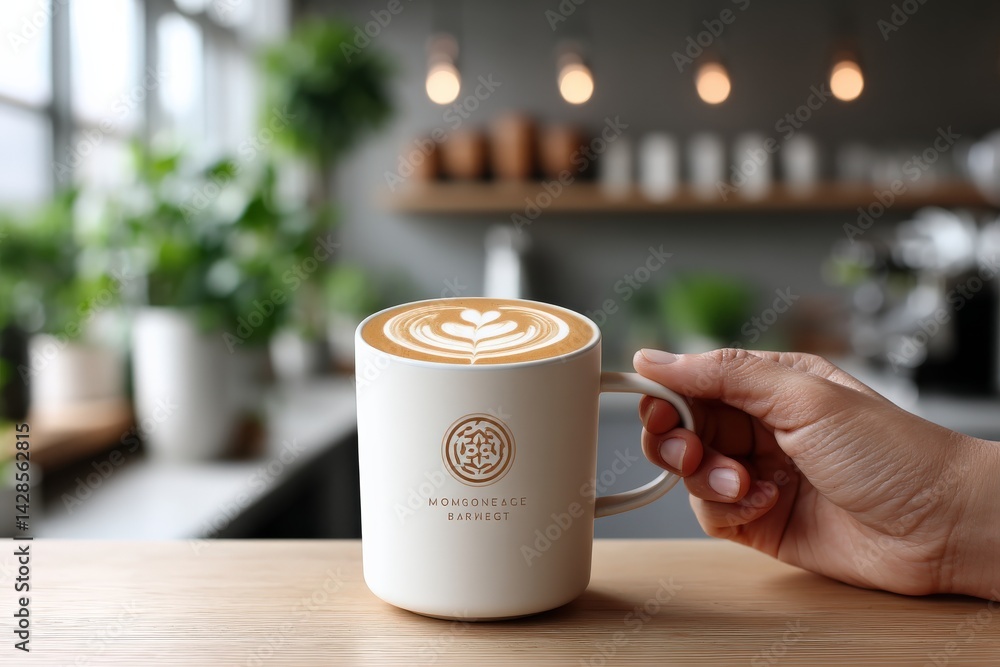 Hand Holding Coffee Mug with Latte Art in Modern Cafe Setting