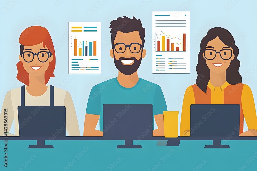 Fototapeta premium clean vector illustration of young startup team analyzing campaign metrics on screen
