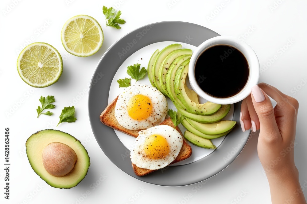 Healthy Breakfast Plate with Eggs, Avocado, Lime, and Coffee