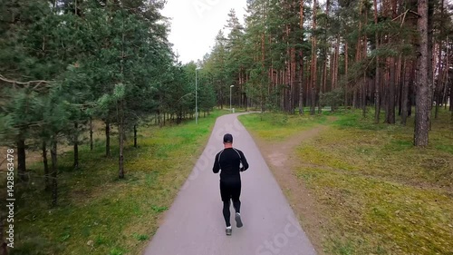 Sport young man running in the forest . Runner exercise in nature Healthy lifestyle . training and workout. Black T-shirt.
