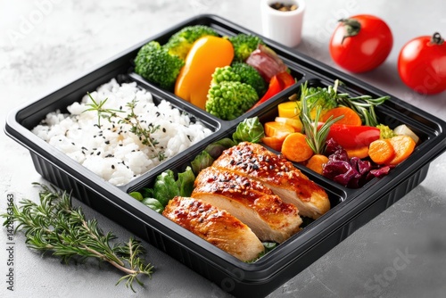Obraz na płótnie Healthy Chicken Meal Prep with Colorful Vegetables and Rice w salonie